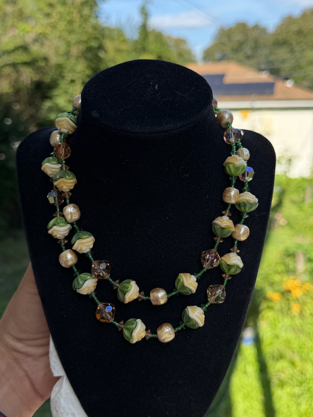 Vintage Vendome Green Cream Double Strand Crystal Lucite Floral Bead Necklace